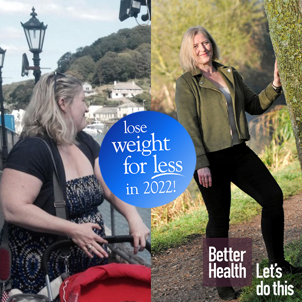 Slimming World member Angela Larkin transformation. Wording reads lose weight for less in 2022